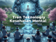 Ilustrasi aplikasi meditasi, AI chatbot, dan wearable device untuk kesehatan mental.