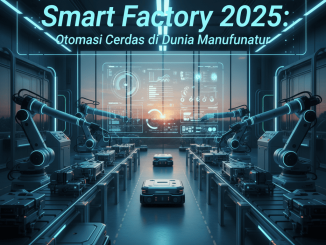Ilustrasi smart factory modern dengan robot industri, sensor IoT, dan sistem AI terintegrasi.
