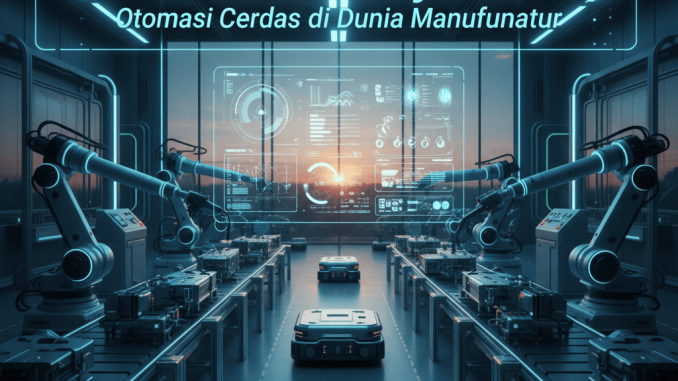 Ilustrasi smart factory modern dengan robot industri, sensor IoT, dan sistem AI terintegrasi.