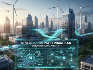 Ilustrasi smart grid dengan panel surya, turbin angin, dan teknologi AI & IoT.
