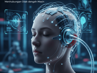 Ilustrasi otak manusia terhubung dengan mesin melalui neural interface digital.