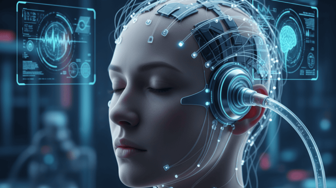Teknologi Neural Interface: Menghubungkan Otak dengan Mesin Ilustrasi otak manusia terhubung dengan mesin melalui neural interface digital.