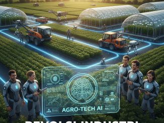 Ilustrasi smart farm dengan tanaman, drone, sensor IoT, dan teknologi AI terhubung.