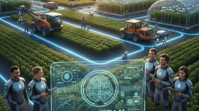 Revolusi Industri Pertanian dengan Agro-Tech AI Ilustrasi smart farm dengan tanaman, drone, sensor IoT, dan teknologi AI terhubung.