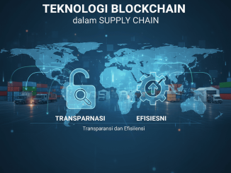 Ilustrasi supply chain global dengan jaringan blockchain yang saling terhubung.