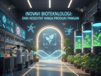 Ilustrasi bioteknologi dalam kesehatan dan pangan dengan DNA, tanaman, dan daging kultur.
