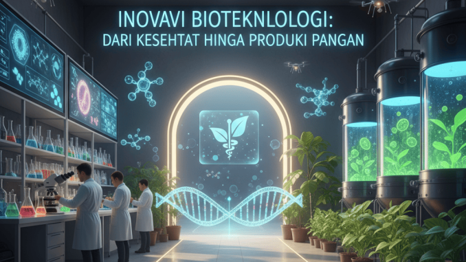 Inovasi Bioteknologi: Dari Kesehatan hingga Produksi Pangan Ilustrasi bioteknologi dalam kesehatan dan pangan dengan DNA, tanaman, dan daging kultur.