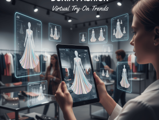 Ilustrasi virtual try-on fashion dengan Augmented Reality melalui smartphone.