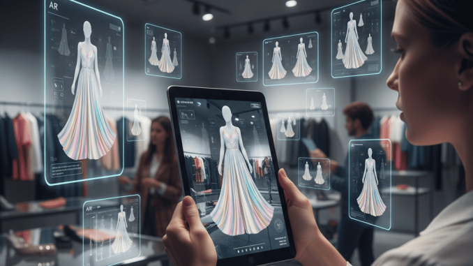 Augmented Reality dalam Dunia Fashion: Virtual Try-On Trends Ilustrasi virtual try-on fashion dengan Augmented Reality melalui smartphone.