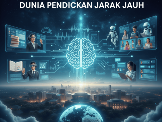 Ilustrasi AI membantu siswa belajar daring dengan komputer dan tutor virtual.