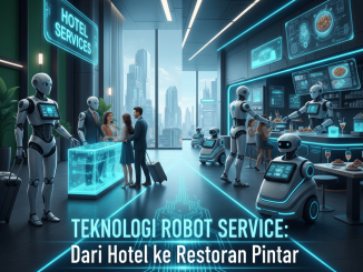 Ilustrasi robot pelayan mengantar makanan di restoran pintar dengan suasana modern.