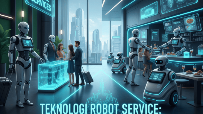 Ilustrasi robot pelayan mengantar makanan di restoran pintar dengan suasana modern.