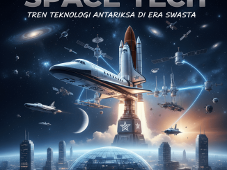 Ilustrasi roket lepas landas dengan simbol perusahaan swasta dan orbit satelit di latar belakang.