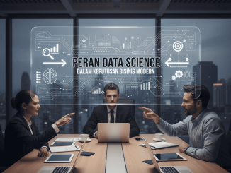 Ilustrasi profesional bisnis menganalisis data di dashboard digital dengan grafik, AI, dan simbol analitik modern.