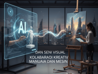 Ilustrasi seniman manusia bekerja berdampingan dengan robot AI menciptakan lukisan digital di studio futuristik.