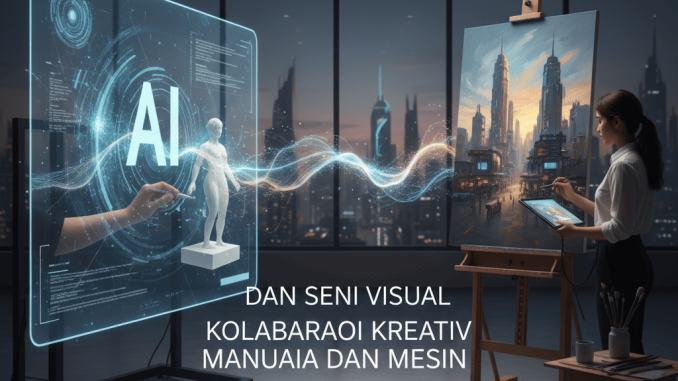 Ilustrasi seniman manusia bekerja berdampingan dengan robot AI menciptakan lukisan digital di studio futuristik.