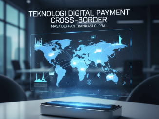 Ilustrasi jaringan digital global dengan simbol mata uang dunia terhubung dalam sistem pembayaran lintas negara.