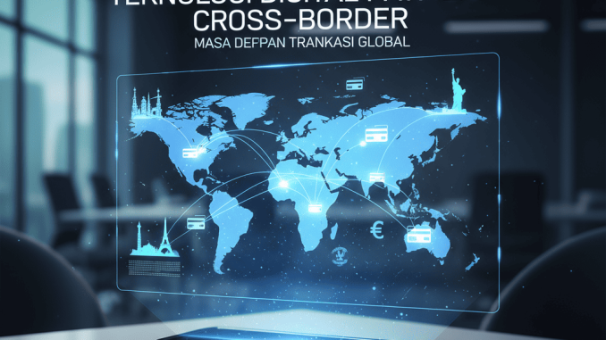 Ilustrasi jaringan digital global dengan simbol mata uang dunia terhubung dalam sistem pembayaran lintas negara.