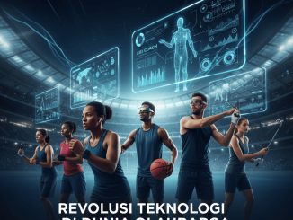 Ilustrasi atlet menggunakan smartwatch dan AI coach digital saat berlatih di lapangan modern.