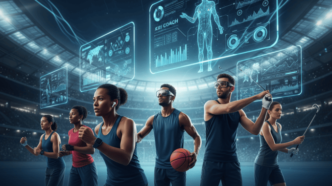 Ilustrasi atlet menggunakan smartwatch dan AI coach digital saat berlatih di lapangan modern.