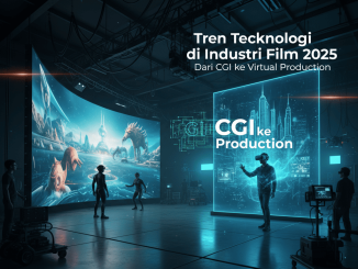 Ilustrasi studio film modern dengan layar LED besar menampilkan latar digital, kru dan aktor bekerja di set virtual.