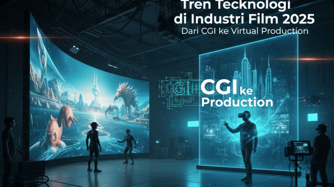 Ilustrasi studio film modern dengan layar LED besar menampilkan latar digital, kru dan aktor bekerja di set virtual.