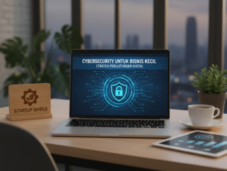 Pemilik bisnis kecil memantau sistem keamanan digital di laptop dengan ikon gembok dan jaringan data.