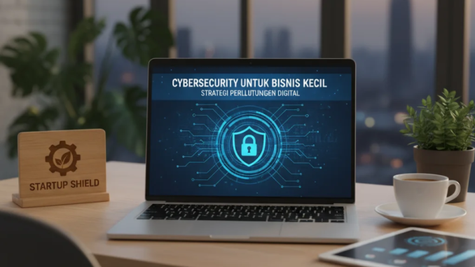 Pemilik bisnis kecil memantau sistem keamanan digital di laptop dengan ikon gembok dan jaringan data.