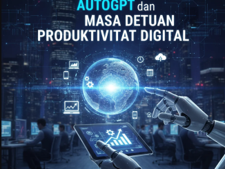 Ilustrasi AI bekerja mandiri di ruang digital futuristik dengan data dan jaringan algoritmik di sekelilingnya.