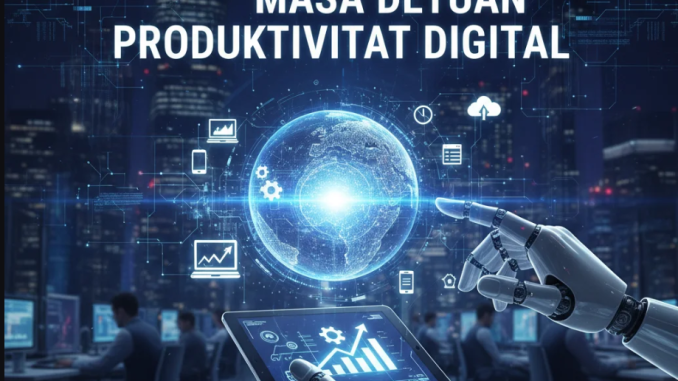 Ilustrasi AI bekerja mandiri di ruang digital futuristik dengan data dan jaringan algoritmik di sekelilingnya.