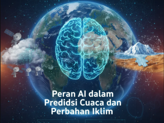 Ilustrasi bumi dengan pola cuaca digital dan jaringan AI yang menganalisis perubahan iklim global.