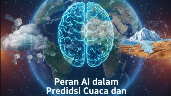 Ilustrasi bumi dengan pola cuaca digital dan jaringan AI yang menganalisis perubahan iklim global.