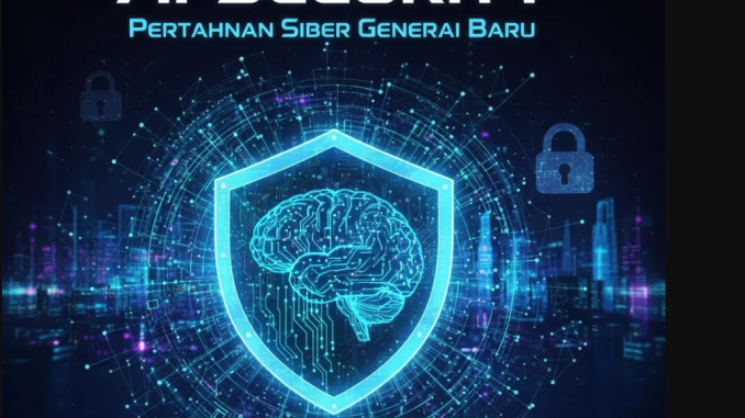 Ilustrasi AI Security dengan sistem pertahanan siber otomatis, jaringan digital, dan ikon keamanan futuristik.