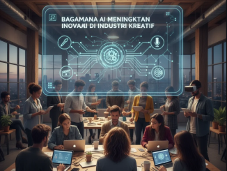 Kolaborasi antara seniman dan robot AI sedang menciptakan karya digital di studio futuristik.