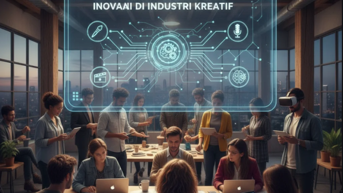 Kolaborasi antara seniman dan robot AI sedang menciptakan karya digital di studio futuristik.