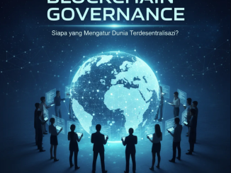 Ilustrasi jaringan blockchain dengan node yang saling terhubung menyerupai struktur pemerintahan terdesentralisasi.