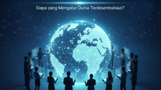 Ilustrasi jaringan blockchain dengan node yang saling terhubung menyerupai struktur pemerintahan terdesentralisasi.