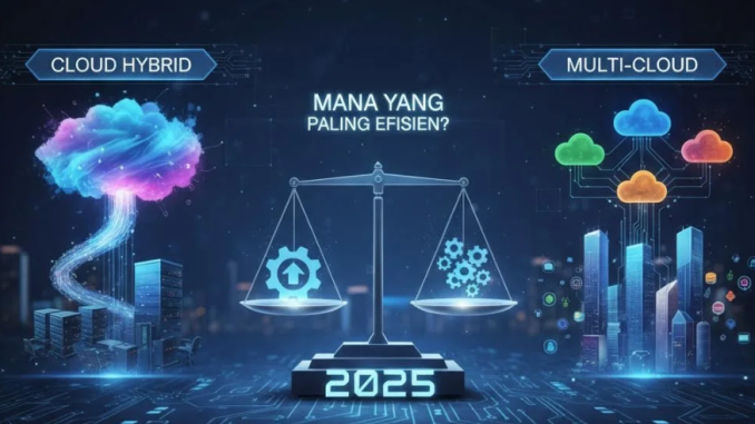 Ilustrasi dua sistem cloud terhubung, menampilkan konsep hybrid cloud dan multi-cloud untuk bisnis