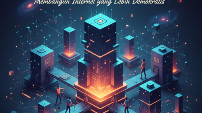 Ilustrasi jaringan blockchain futuristik yang menggambarkan konsep Web3 dan desentralisasi ekonomi digital.