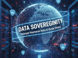 Ilustrasi data digital yang terhubung dengan peta dunia, menunjukkan batas yurisdiksi dan keamanan informasi