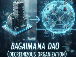 Ilustrasi jaringan digital berbentuk lingkaran dengan ikon manusia terhubung melalui blockchain, melambangkan DAO global.