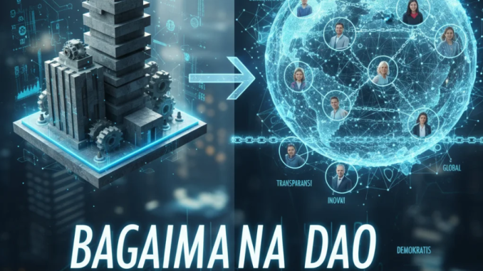 Ilustrasi jaringan digital berbentuk lingkaran dengan ikon manusia terhubung melalui blockchain, melambangkan DAO global.