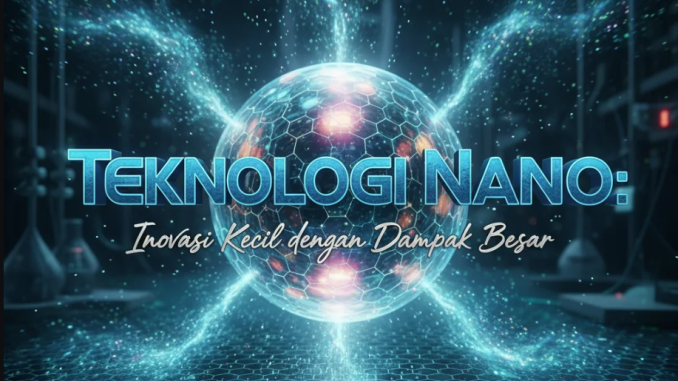 Ilustrasi partikel nano bercahaya biru di bawah mikroskop digital yang menggambarkan inovasi teknologi masa depan.