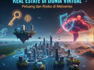 Kota digital futuristik dengan bangunan 3D holografik yang melambangkan real estate di metaverse.