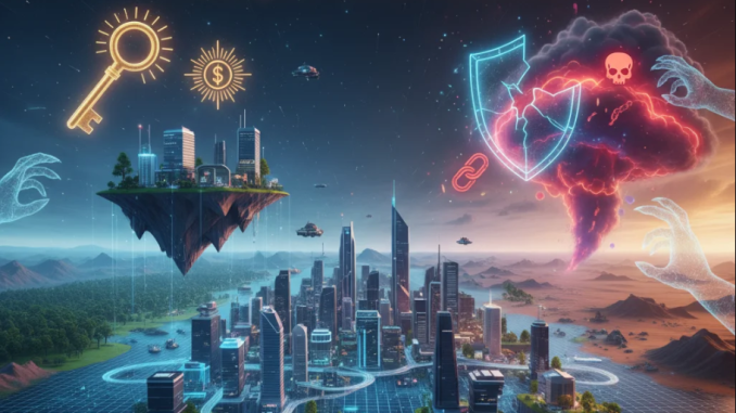 Kota digital futuristik dengan bangunan 3D holografik yang melambangkan real estate di metaverse.