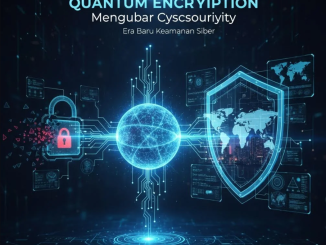 Ilustrasi kunci digital dengan efek quantum dan jaringan keamanan futuristik