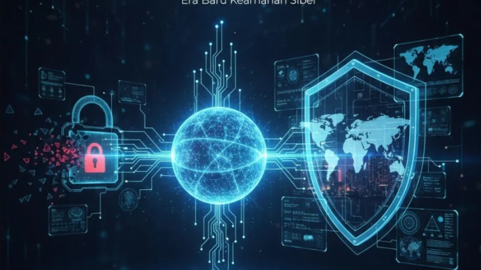 Ilustrasi kunci digital dengan efek quantum dan jaringan keamanan futuristik