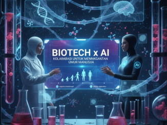 Visual futuristik DNA helix dan jaringan AI yang saling terhubung, melambangkan kolaborasi biotech dan kecerdasan buatan.