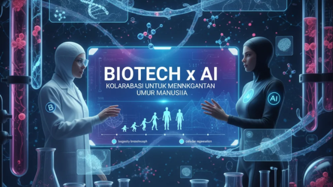 Visual futuristik DNA helix dan jaringan AI yang saling terhubung, melambangkan kolaborasi biotech dan kecerdasan buatan.