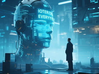 Ilustrasi jaringan perangkat digital yang saling terhubung dalam ekosistem pintar